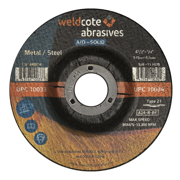 Weldcote Grinding Wheel 4-1/2 X 1/4 X 7/8 A24-R-Bf Steel T27 A-Solid 10033